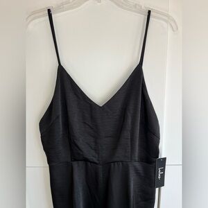 NWT Lulus Black Satin Spaghetti Strap Jumpsuit Size L